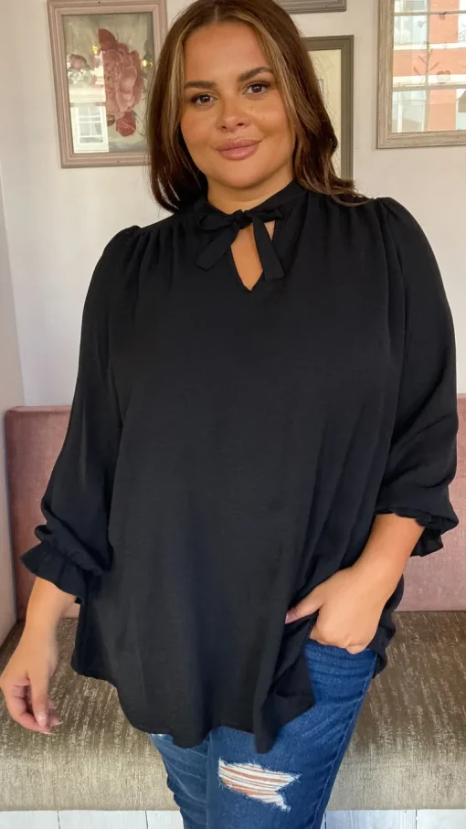 CurveWow Tie Neck Swing Top Black