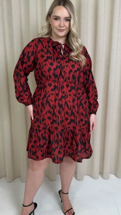 CurveWow Tie Neck Tiered Mini Dress Red Animal