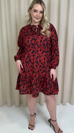 CurveWow Tie Neck Tiered Mini Dress Red Animal