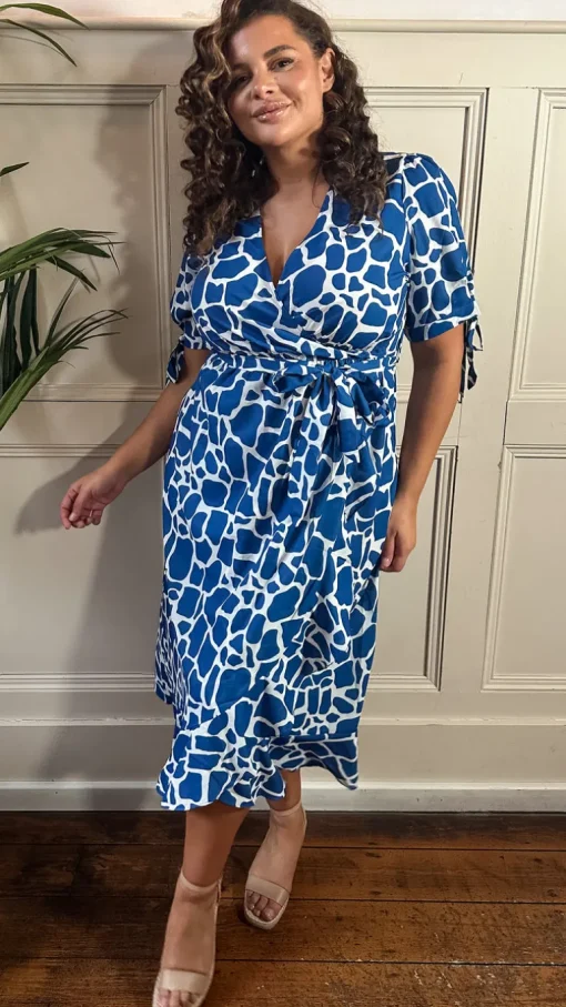 CurveWow Tie Sleeve Wrap Dress Blue