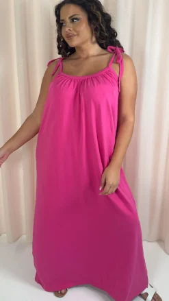 CurveWow Tie Strap Maxi Dress Fuchsia