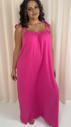 CurveWow Tie Strap Maxi Dress Fuchsia