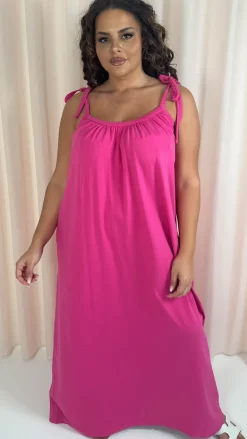 CurveWow Tie Strap Maxi Dress Fuchsia