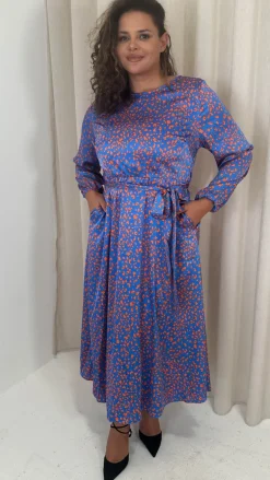 CurveWow Tie Waist Crew Neck Midi Dress Blue Animal