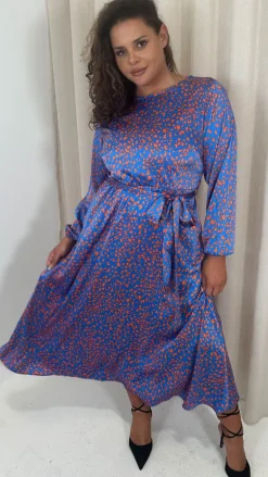CurveWow Tie Waist Crew Neck Midi Dress Blue Animal
