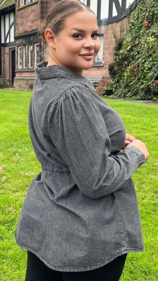 CurveWow Tie Waist Denim Blouse Black Wash