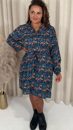CurveWow Tie Waist Shirt Mini Dress Multi Floral