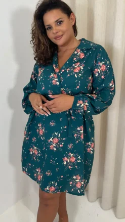 CurveWow Tie Waist Shirt Mini Dress Teal Floral