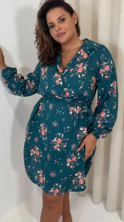 CurveWow Tie Waist Shirt Mini Dress Teal Floral