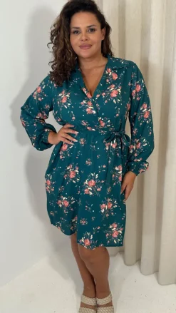 CurveWow Tie Waist Shirt Mini Dress Teal Floral