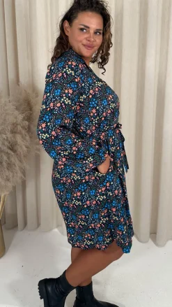 CurveWow Tie Waist Shirt Mini Dress Multi Floral