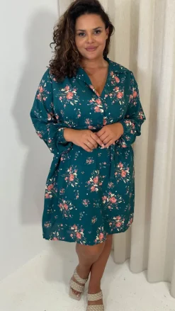 CurveWow Tie Waist Shirt Mini Dress Teal Floral