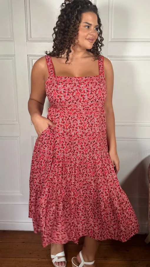 CurveWow Tiered Cami Dress Red Ditsy