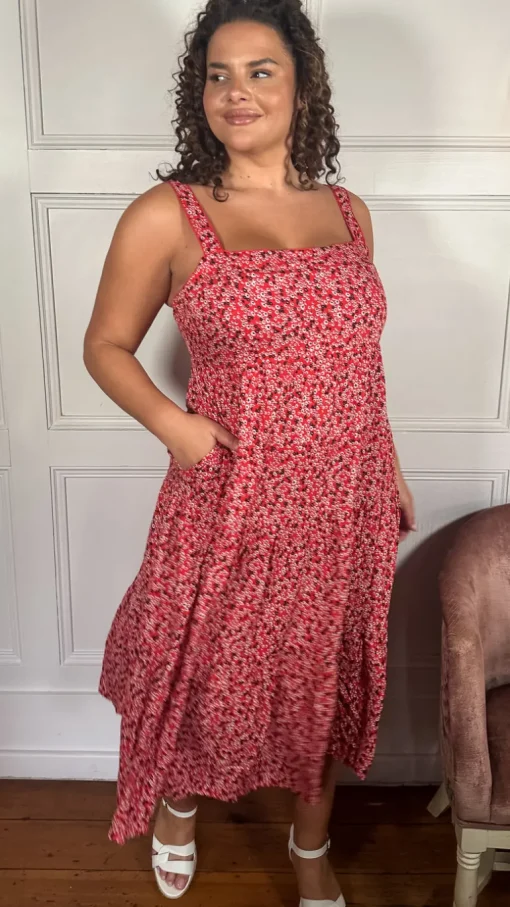 CurveWow Tiered Cami Dress Red Ditsy