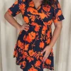 CurveWow Tiered Hem Wrap Dress Navy Orange Floral