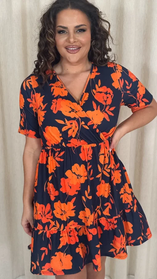CurveWow Tiered Hem Wrap Dress Navy Orange Floral