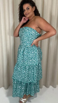 CurveWow Tiered Maxi Dress Green Smudge