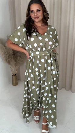 CurveWow V Neck Frill Hem Dress Green Spot