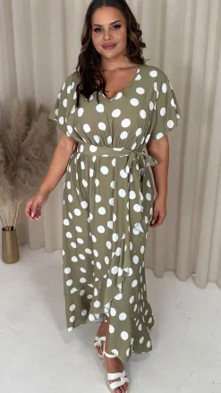 CurveWow V Neck Frill Hem Dress Green Spot