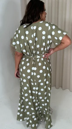 CurveWow V Neck Frill Hem Dress Green Spot