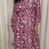 CurveWow V Neck Front Slit Midi Dress Wine Floral