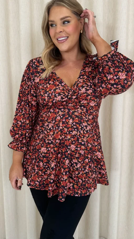 CurveWow V Neck Peplum Top Black Floral