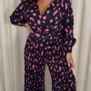 CurveWow V Neck Pleated Jumpsuit Black/Pink Spot