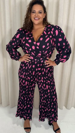 CurveWow V Neck Pleated Jumpsuit Black/Pink Spot