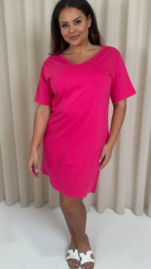 CurveWow V Neck Shirt Dress Fuchsia