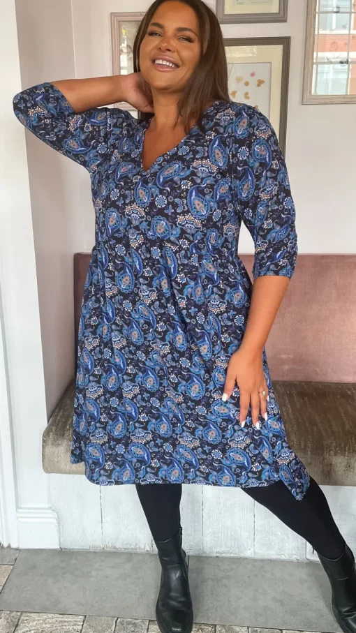 CurveWow V Neck Smock Dress Blue Paisley