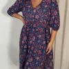CurveWow V Neck Smock Dress Multi Paisley Print