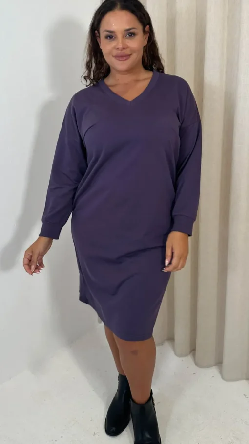 CurveWow V Neck Sweatshirt Dress Plum