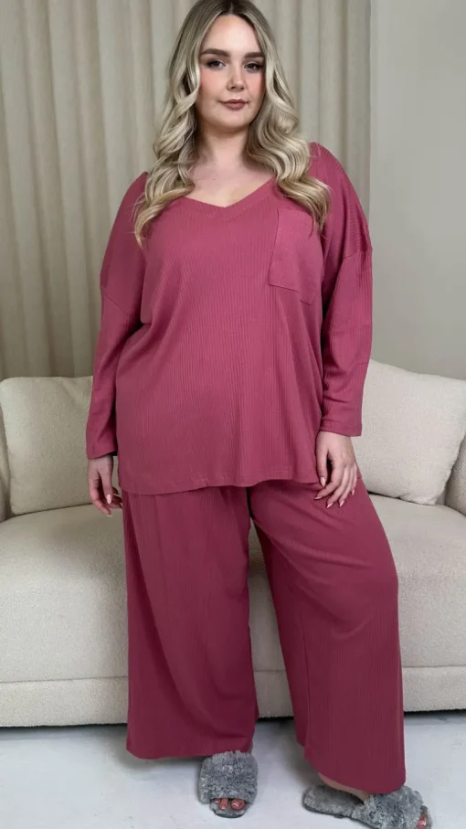 CurveWow V Neck Wide Leg Lounge Set Rose