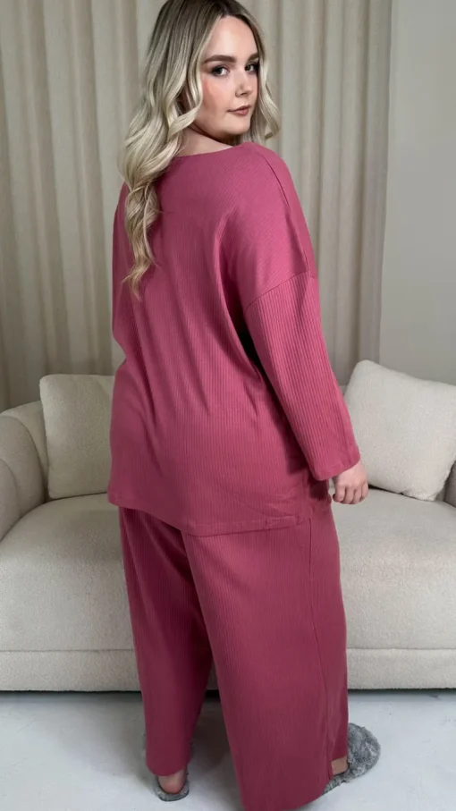 CurveWow V Neck Wide Leg Lounge Set Rose