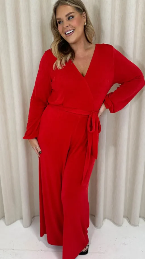 CurveWow V Neck Wrap Jumpsuit Red