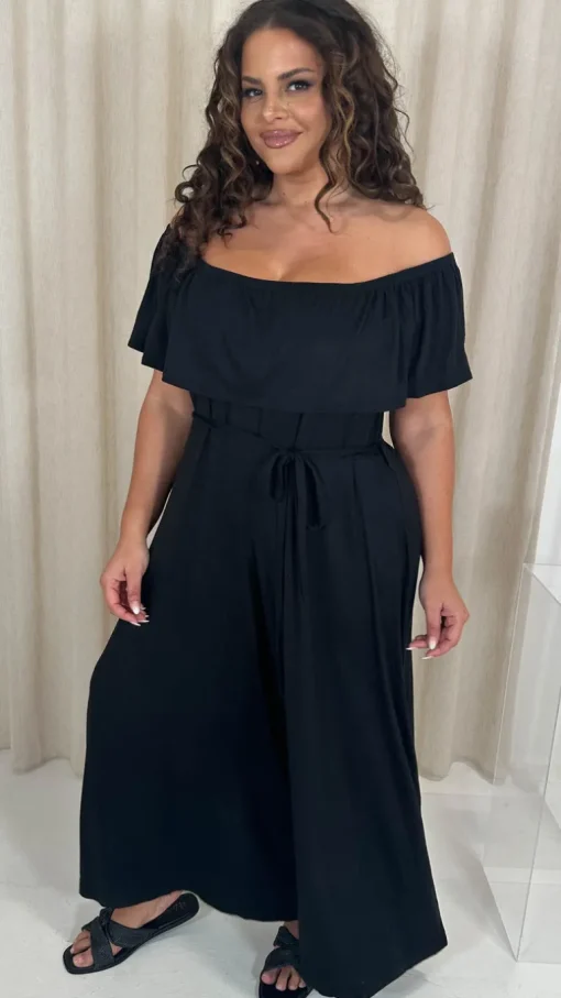 CurveWow Wide Leg Self Tie Frill Bardot Jumpsuit Black