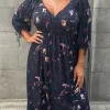 CurveWow Wrap 3/4 Balloon Sleeve Milkmaid Dress Black Marble