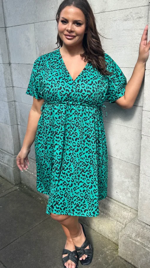 CurveWow Wrap Channel Waist Dress Green Animal