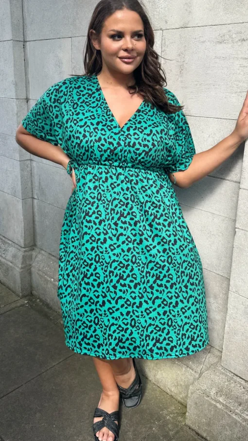 CurveWow Wrap Channel Waist Dress Green Animal