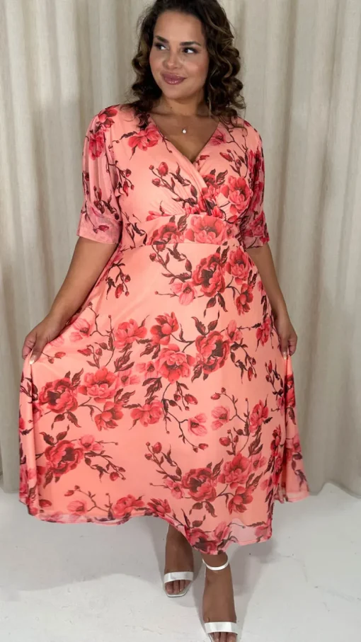 CurveWow Wrap Cuffed Puff Sleeve Midaxi Dress Peach Floral