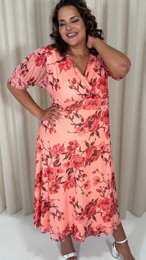 CurveWow Wrap Cuffed Puff Sleeve Midaxi Dress Peach Floral