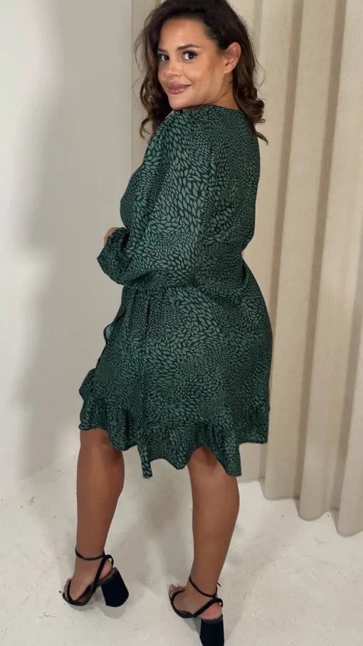 CurveWow Wrap Frill Hem Tea Dress Green Leaf