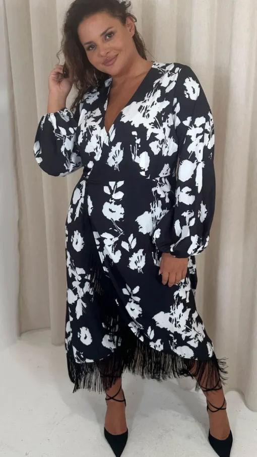 CurveWow Wrap Fringe Hem Dress Mono Floral
