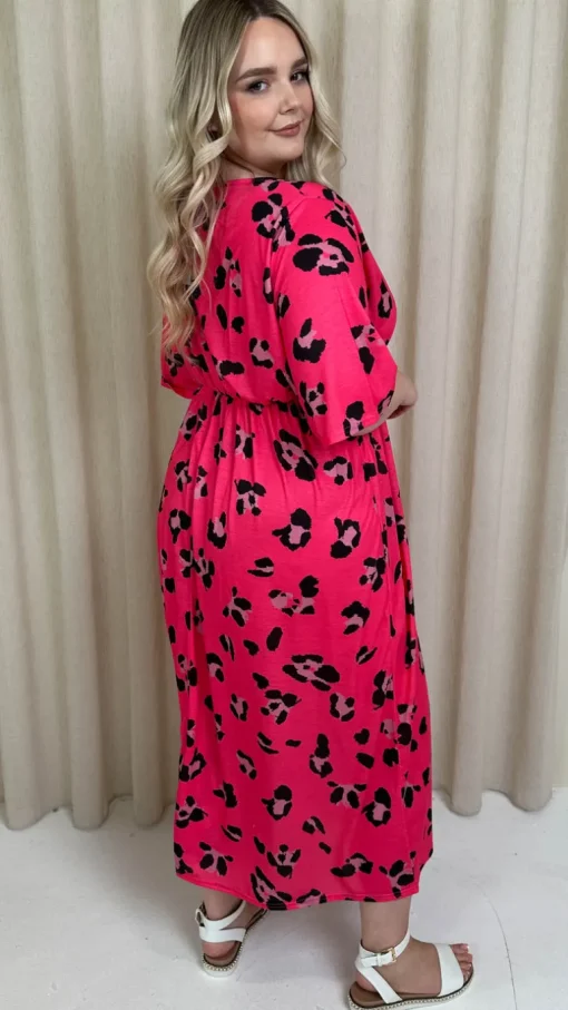 CurveWow Wrap Midi Dress Bright Pink Leopard