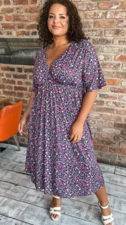 CurveWow Wrap Midi Dress Black Multi Floral