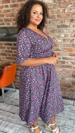 CurveWow Wrap Midi Dress Black Multi Floral