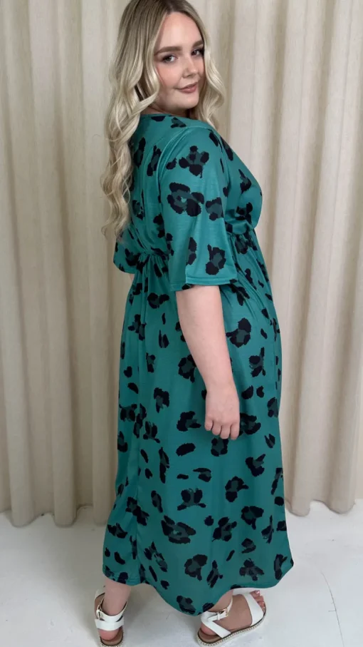 CurveWow Wrap Midi Dress Green Leopard
