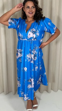 CurveWow Wrap Notch Neck Midi Dress Blue Floral