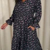 CurveWow Wrap Shirred Waist Printed Midi Dress Black Ditsy
