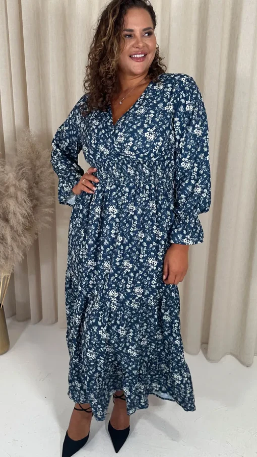 CurveWow Wrap Shirred Waist Printed Dress Navy Floral